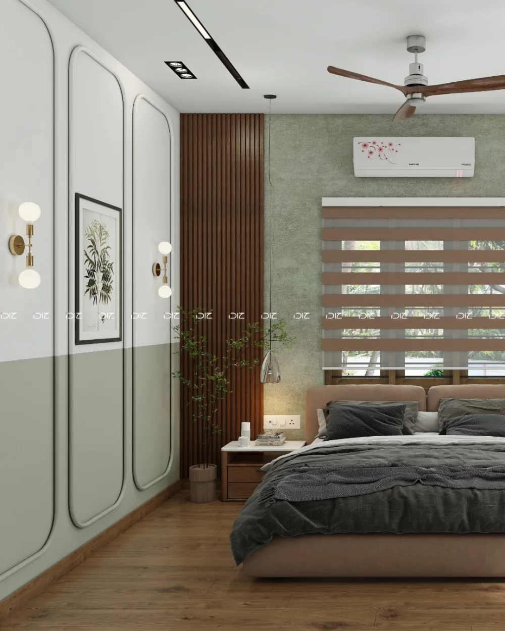 modern green bedroom with wood slat accent wall, curved wall panels, and dark bedding