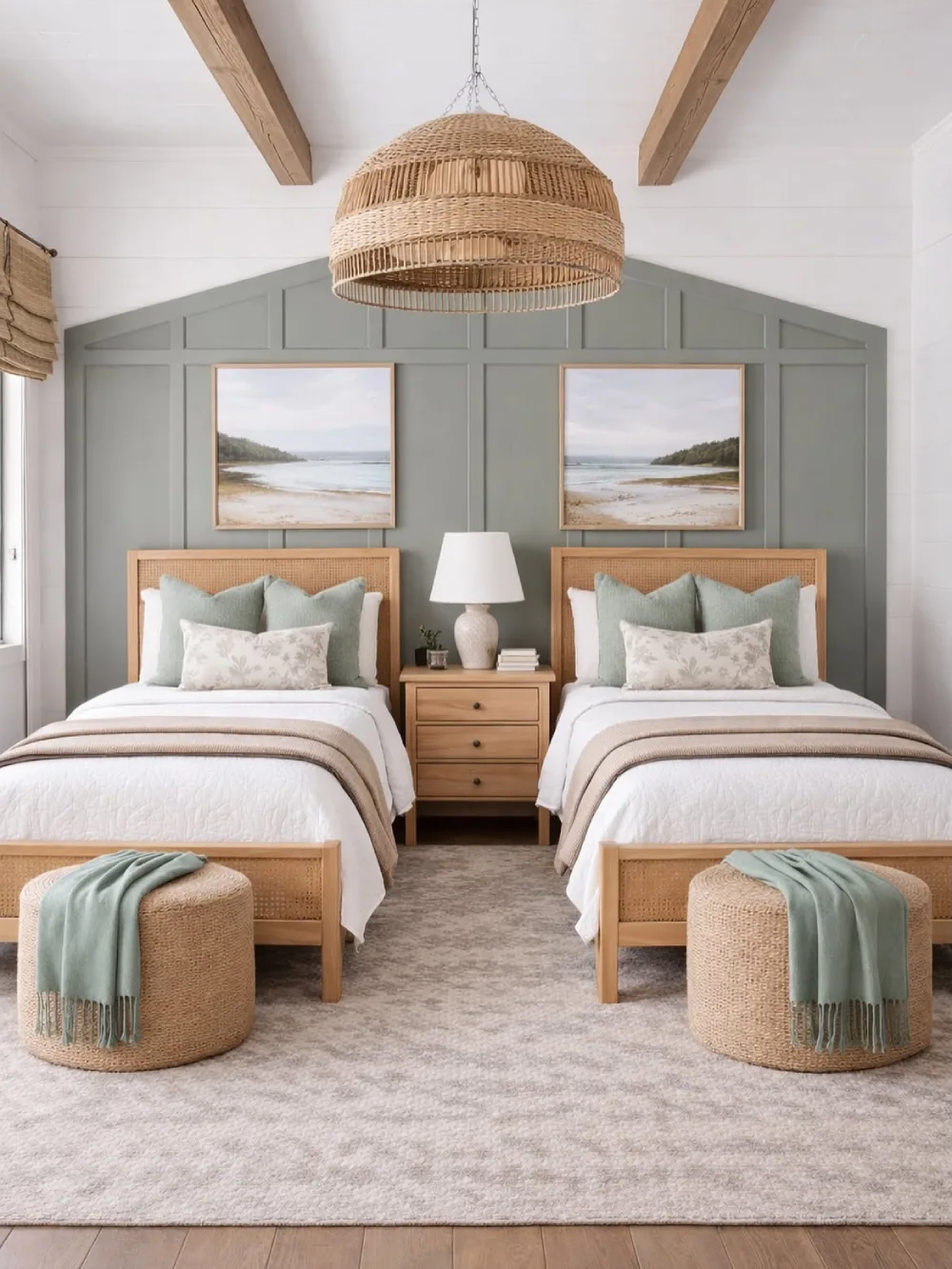 green bedroom with twin beds, rattan headboards, and coastal artwork