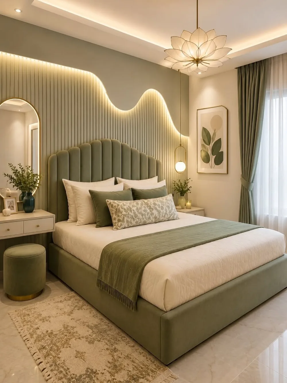elegant green bedroom with curved fluted accent wall and upholstered bed