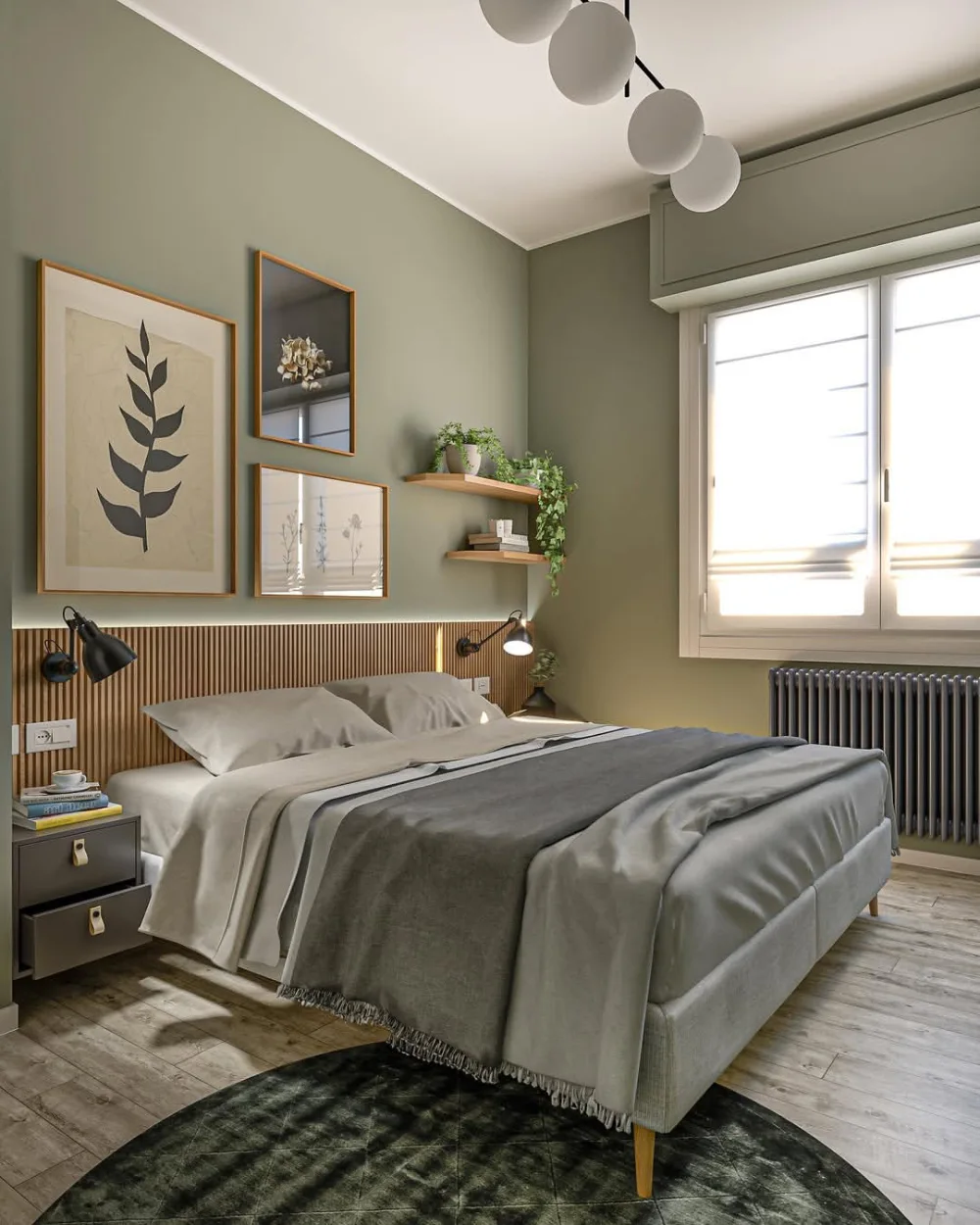 contemporary green bedroom with wood slat headboard, neutral bedding, and modern artwork