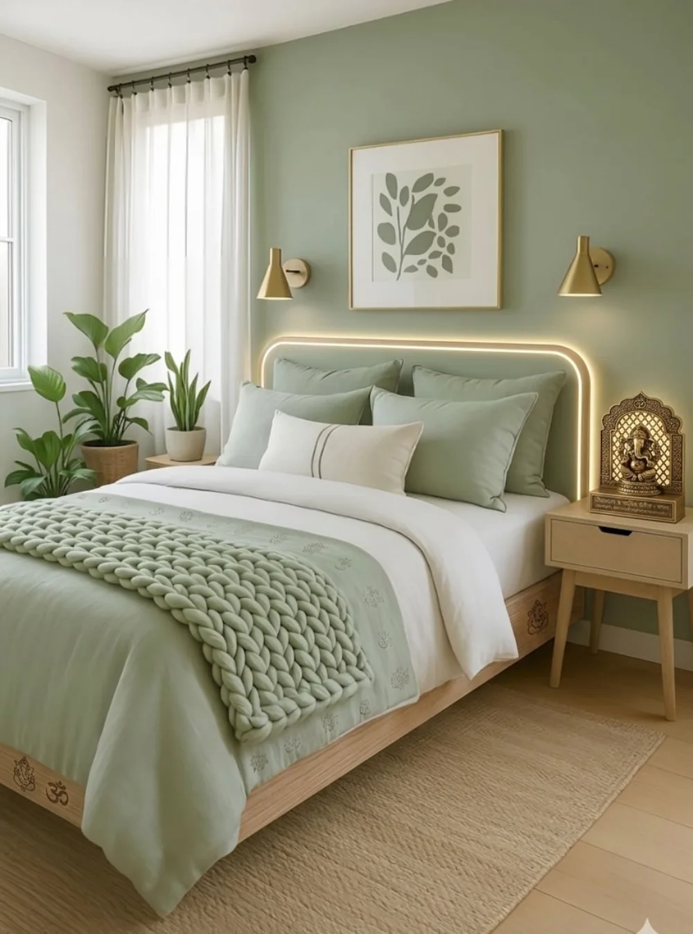 soft green bedroom with illuminated headboard, chunky knit throw, and natural wood furniture