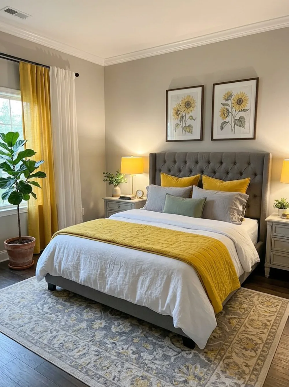neutral bedroom with gray tufted headboard, yellow sunflower artwork, and mustard bedding