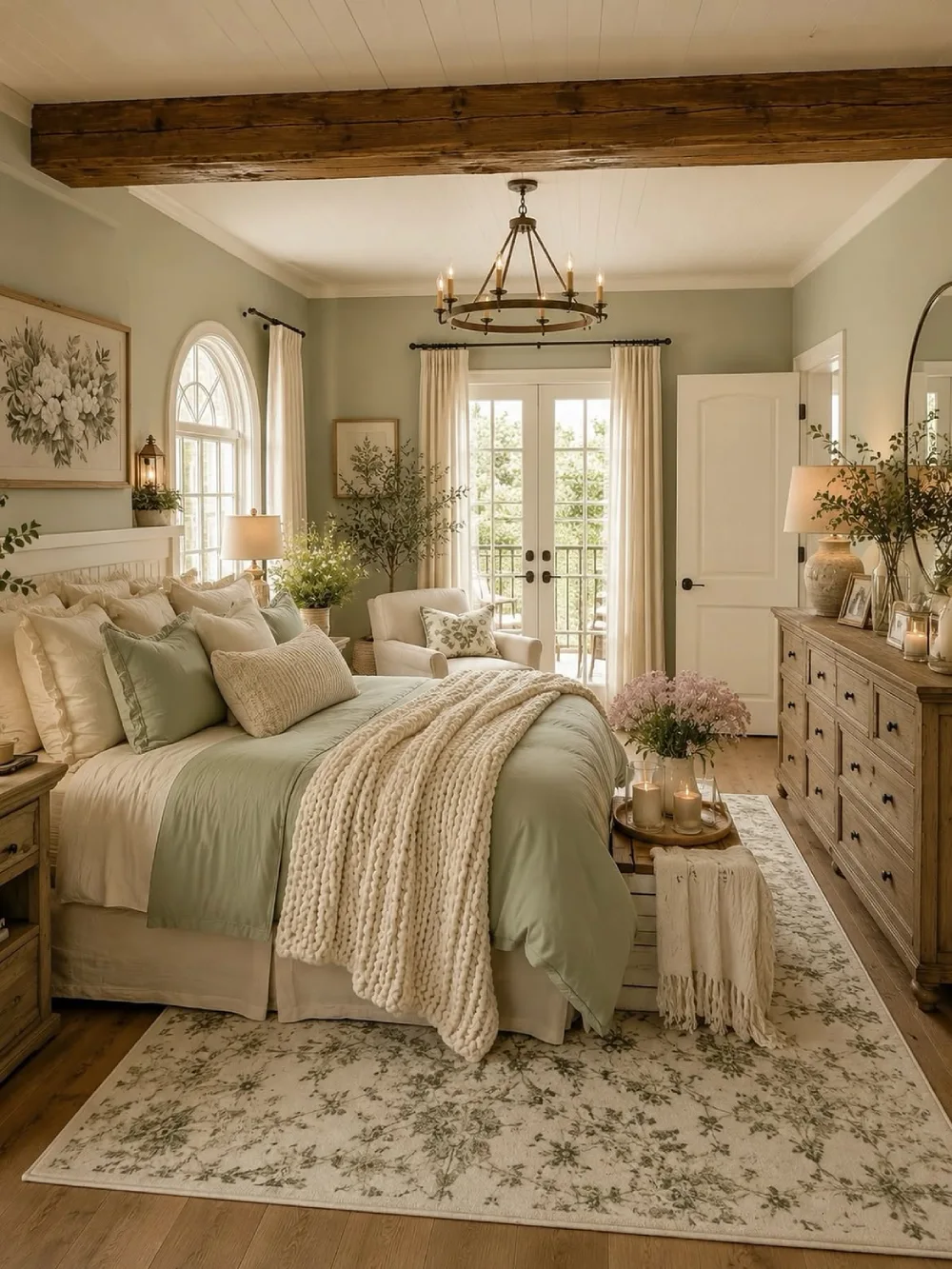 green bedroom with paneled accent wall, white upholstered headboard, and lake view