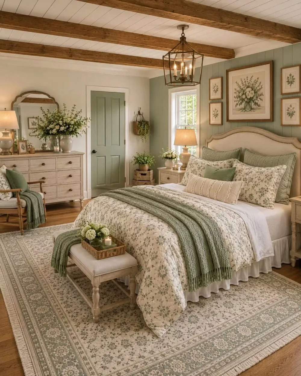 farmhouse bedroom with floral bedding, wood beams, and soft green walls