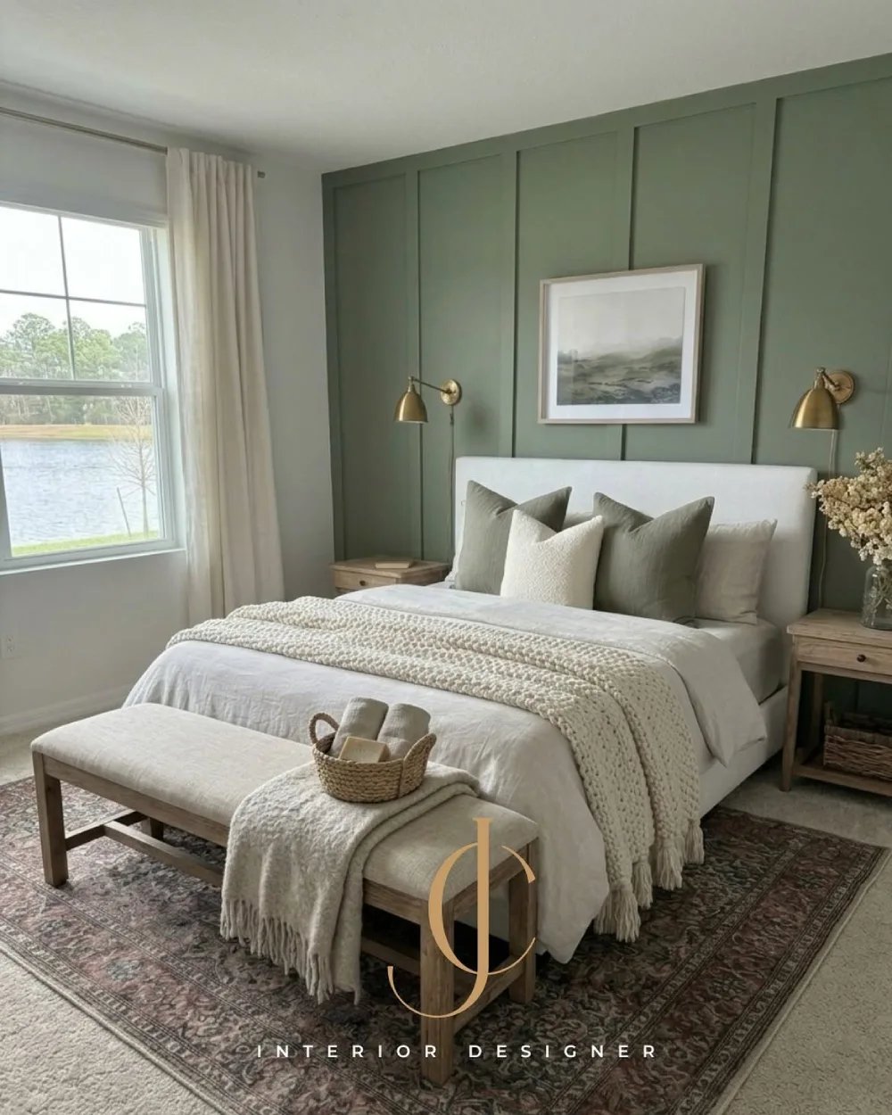 cozy cottage bedroom with floral bedding, wood beams, and green accents