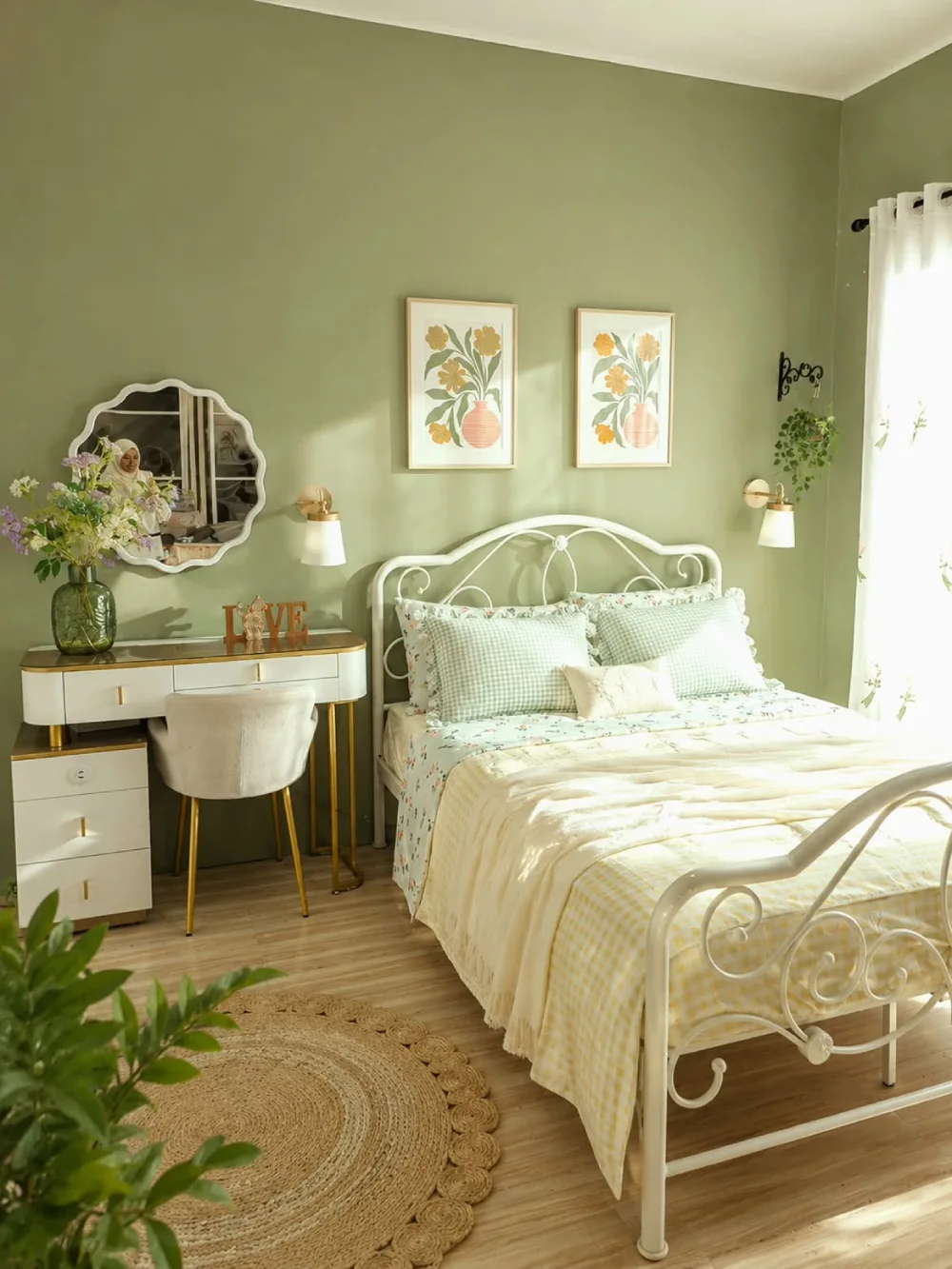 bright green bedroom with white metal bed, floral artwork, and woven rug