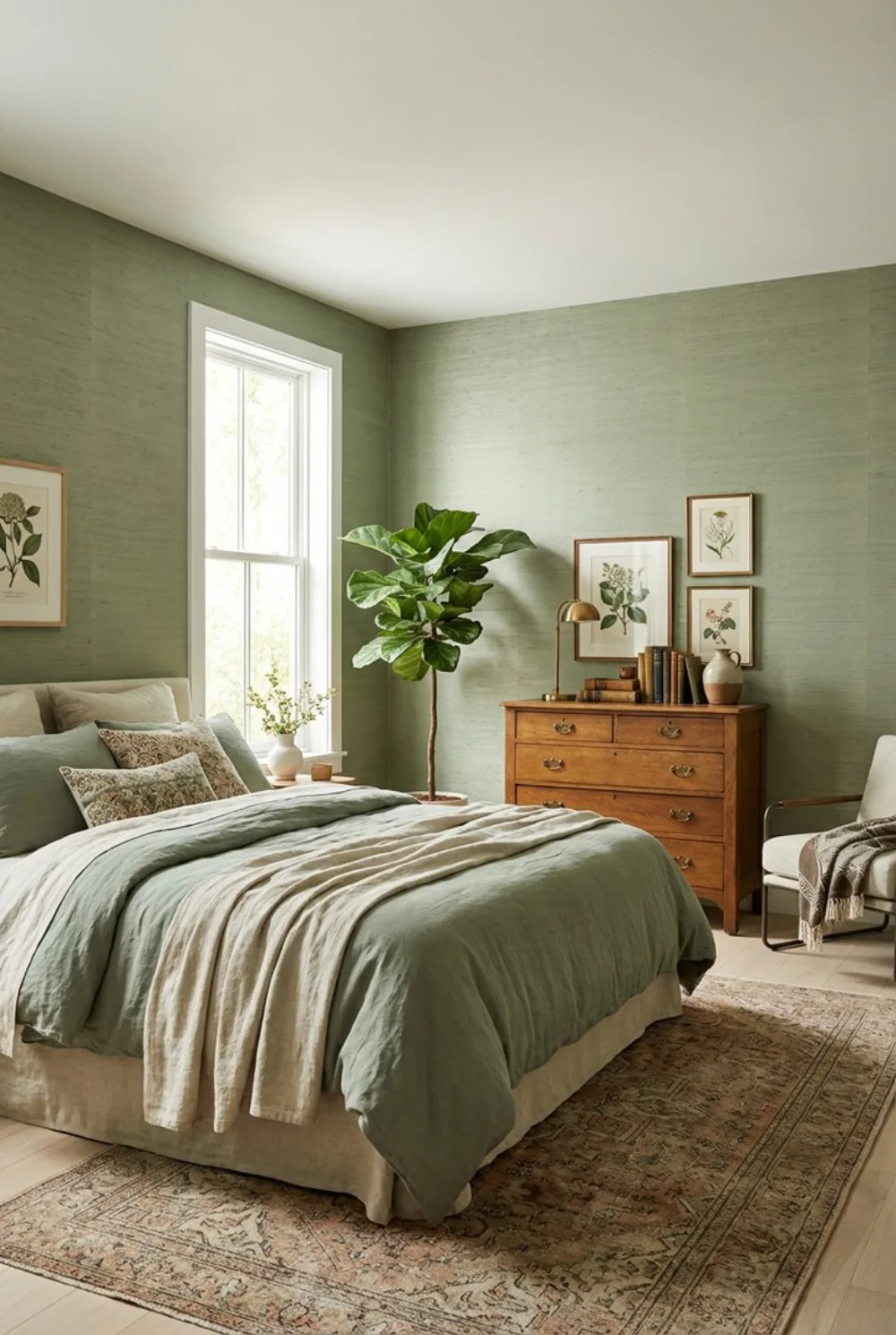 green bedroom with vintage dresser, botanical artwork, and layered neutral bedding