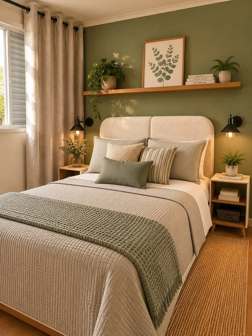 cozy bedroom with dark green wall, beige bedding, wood shelf, and woven rug