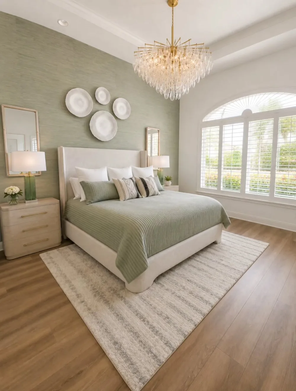 elegant bedroom with pale green textured wall, white bed, crystal chandelier, and large windows