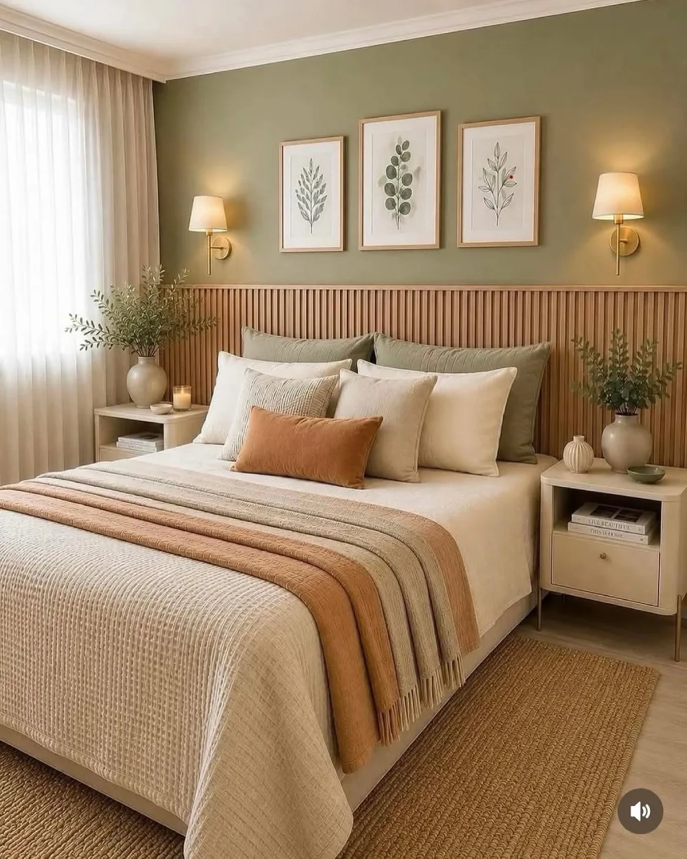 sage green bedroom with a wood slat accent wall, layered bedding, and warm neutral decor