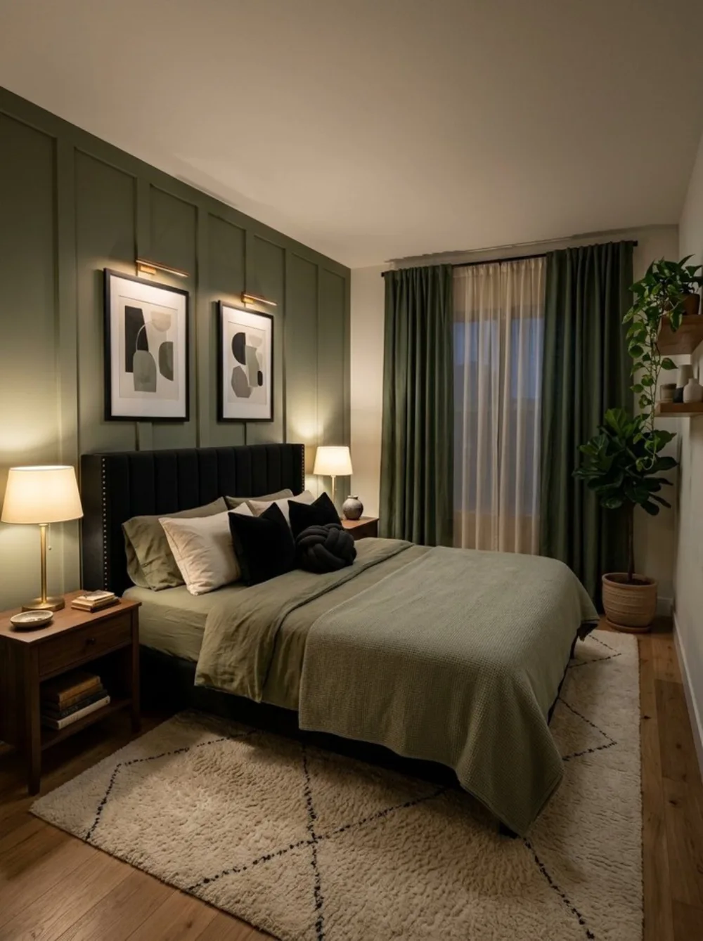 moody sage green bedroom with a black upholstered bed, dark curtains, and neutral bedding