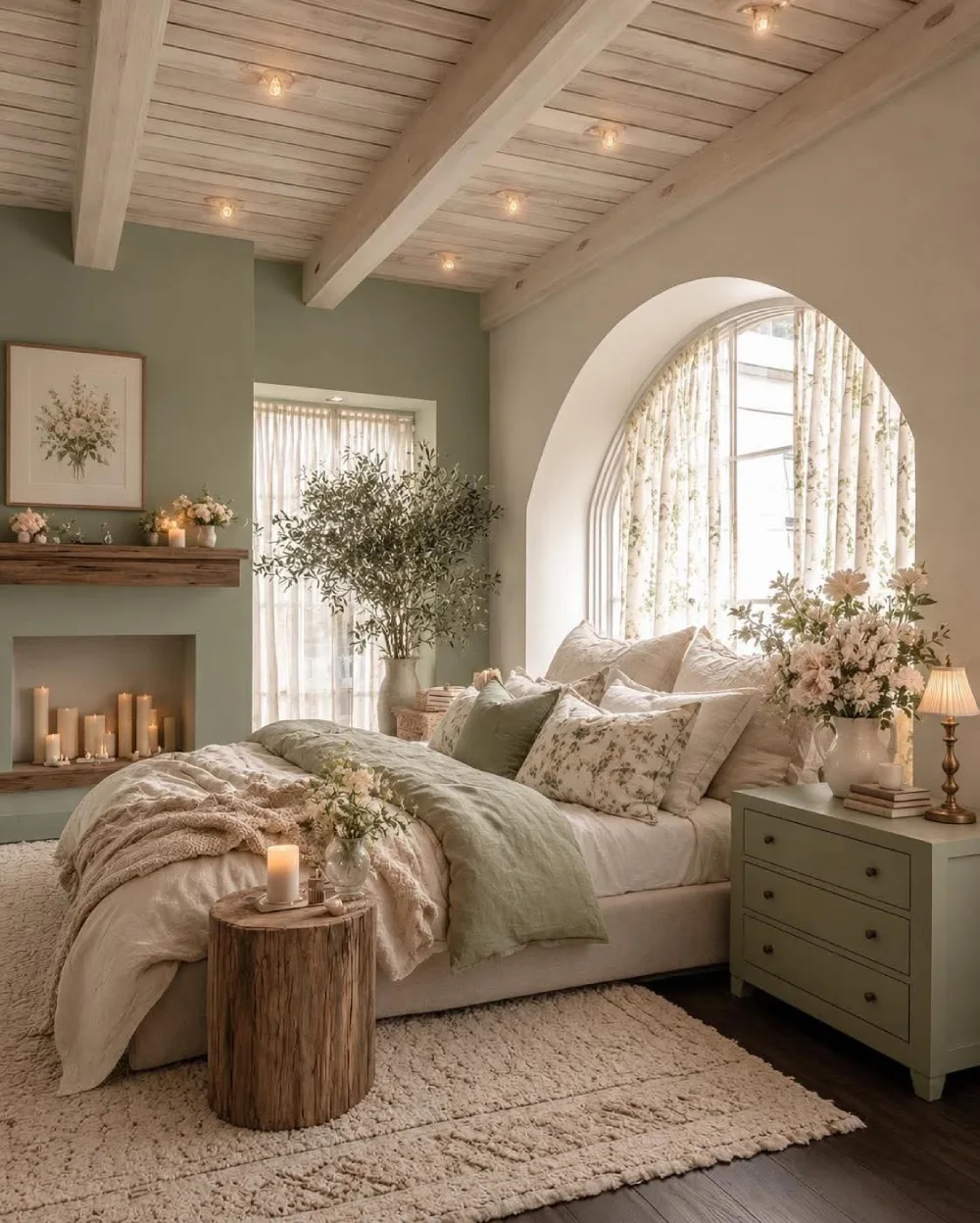 soft sage green bedroom with exposed wood beams, botanical artwork, and neutral bedding