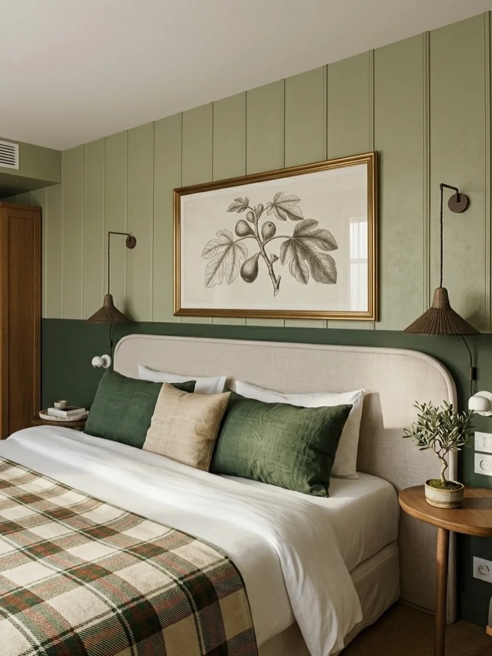 sage green bedroom with vertical paneling, botanical artwork, dark green pillows, and a plaid throw