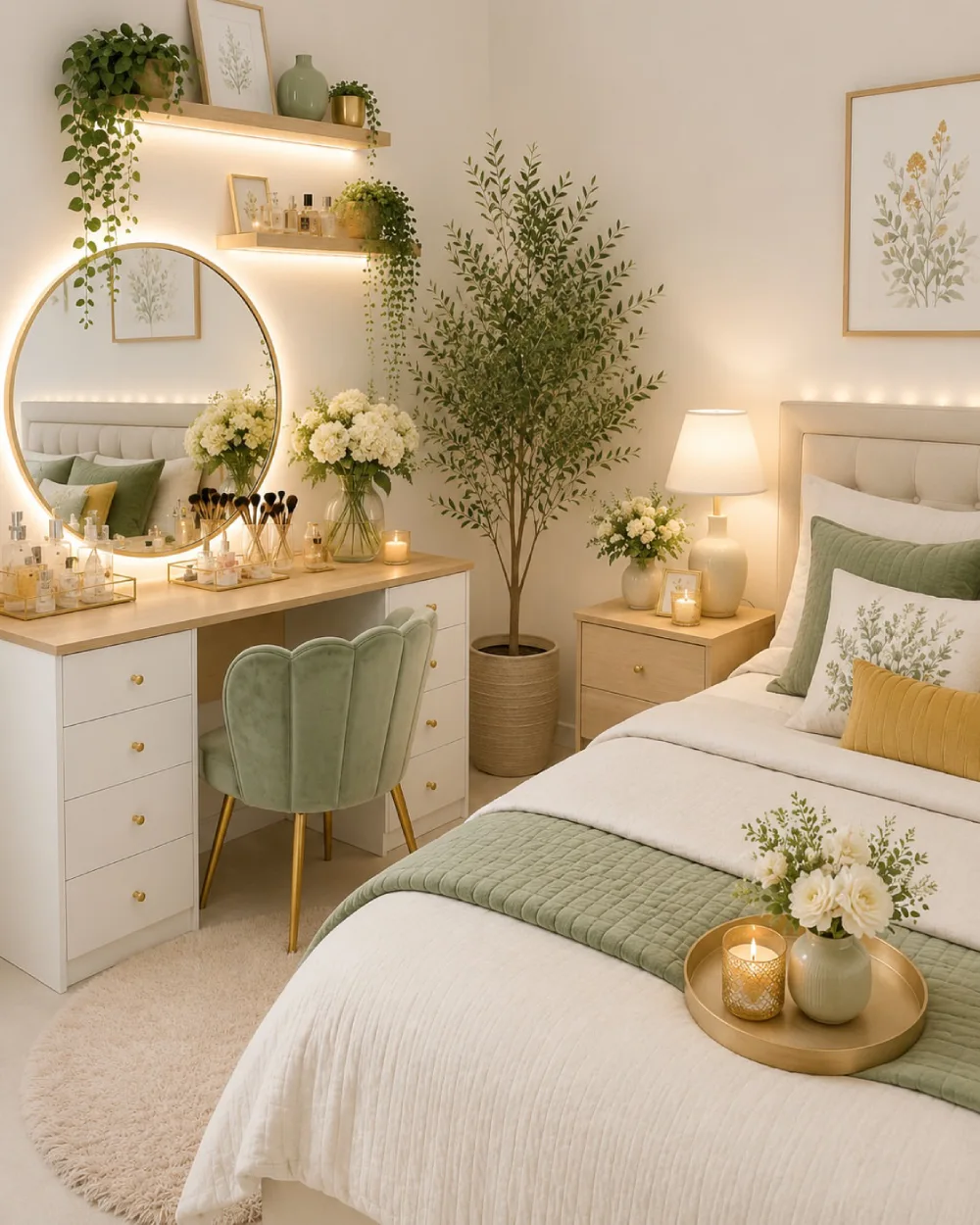elegant sage green bedroom with a vanity, plants, layered bedding, and warm lighting