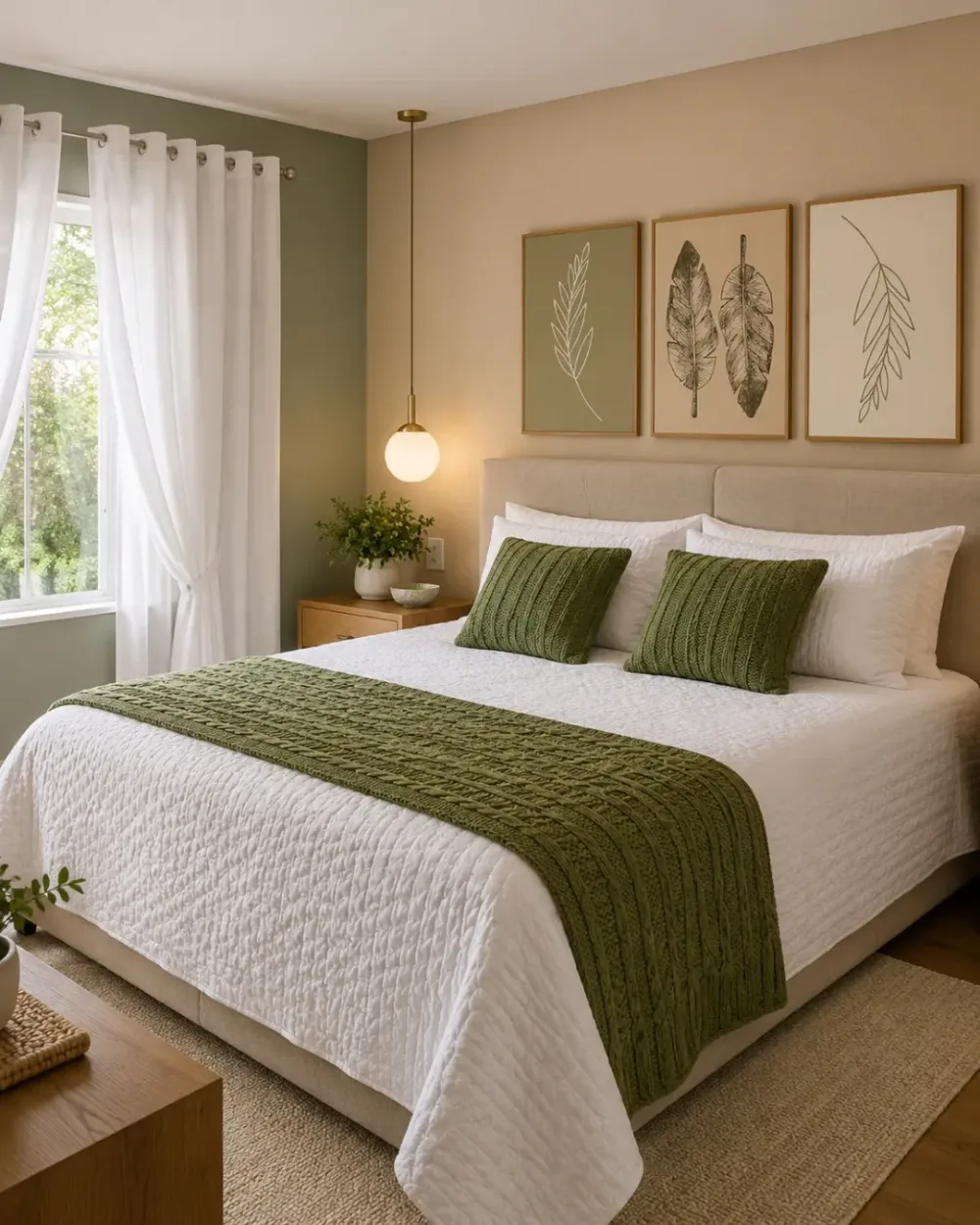 sage green bedroom with botanical artwork, white bedding, and dark green knitted pillows