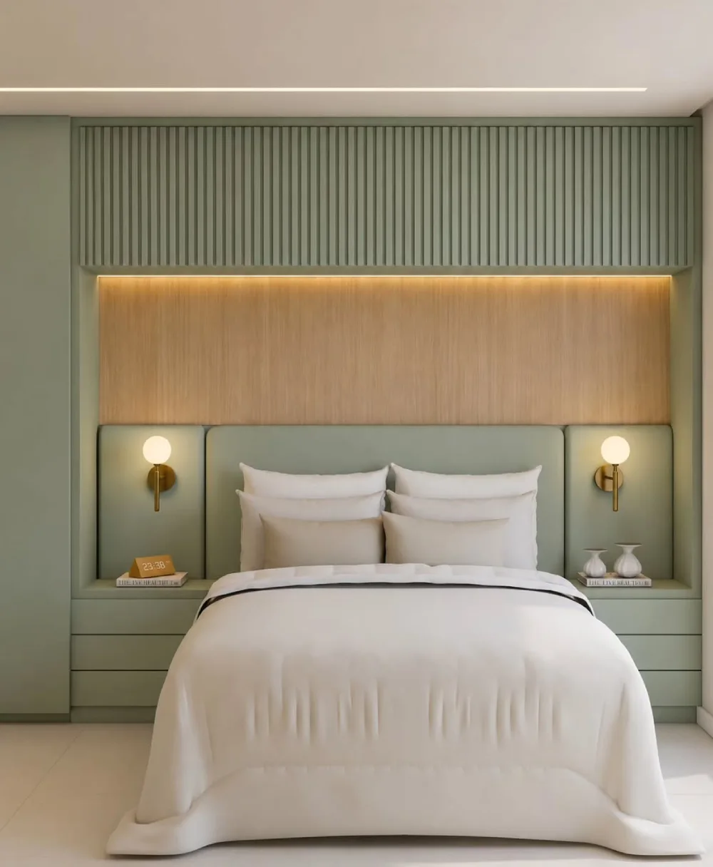modern sage green bedroom with built-in storage, wood paneling, warm lighting, and white bedding