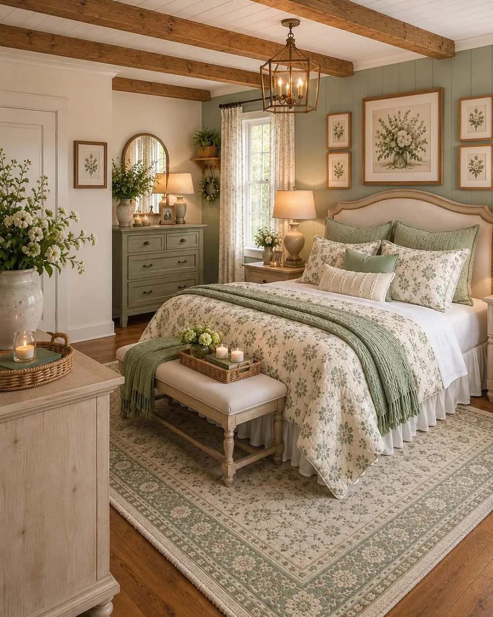 minimal sage green bedroom with built-in wood paneling, integrated lighting, and white bedding