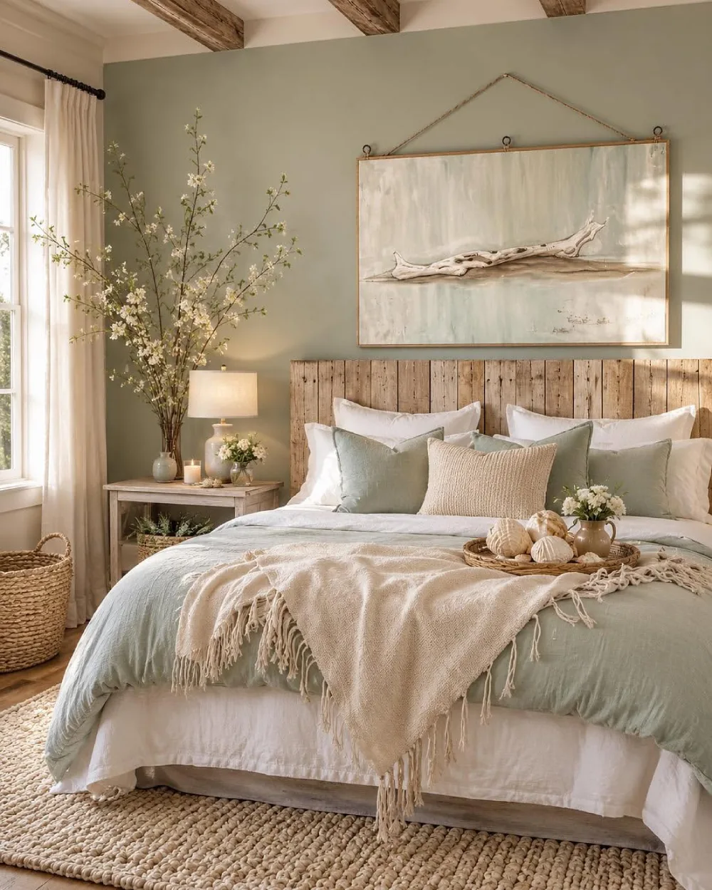 sage green bedroom with a rustic wood headboard, driftwood artwork, woven rug, and soft neutral bedding