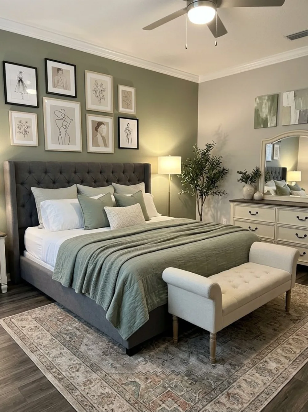 green bedroom with tufted gray headboard, gallery wall, and neutral decor