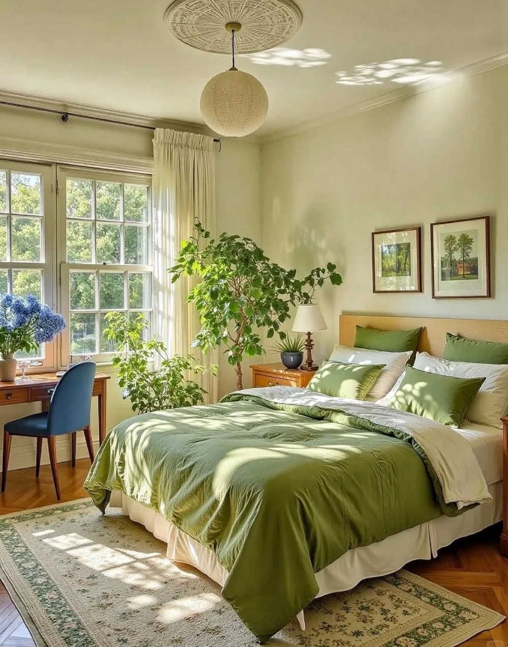 green bedroom with leafy plants, natural wood furniture, and green bedding