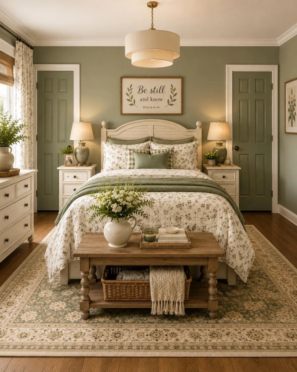 traditional bedroom with green walls, floral bedding, wood bench, and patterned rug