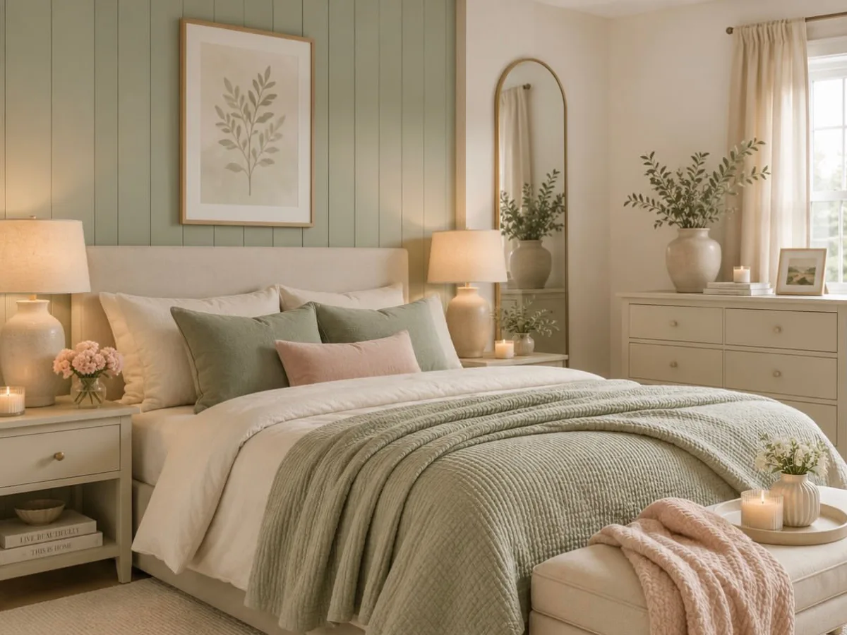Sage green bedroom with a cream upholstered bed, soft green bedding, wood paneling, and warm neutral decor.