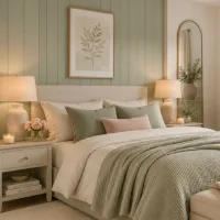 Sage green bedroom with a cream upholstered bed, soft green bedding, wood paneling, and warm neutral decor.