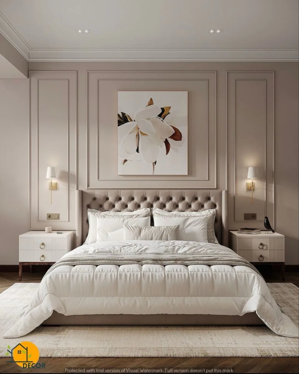 Classic taupe bedroom accent wall with rectangular decorative molding, a tufted upholstered headboard, white floral artwork, and matching bedside tables