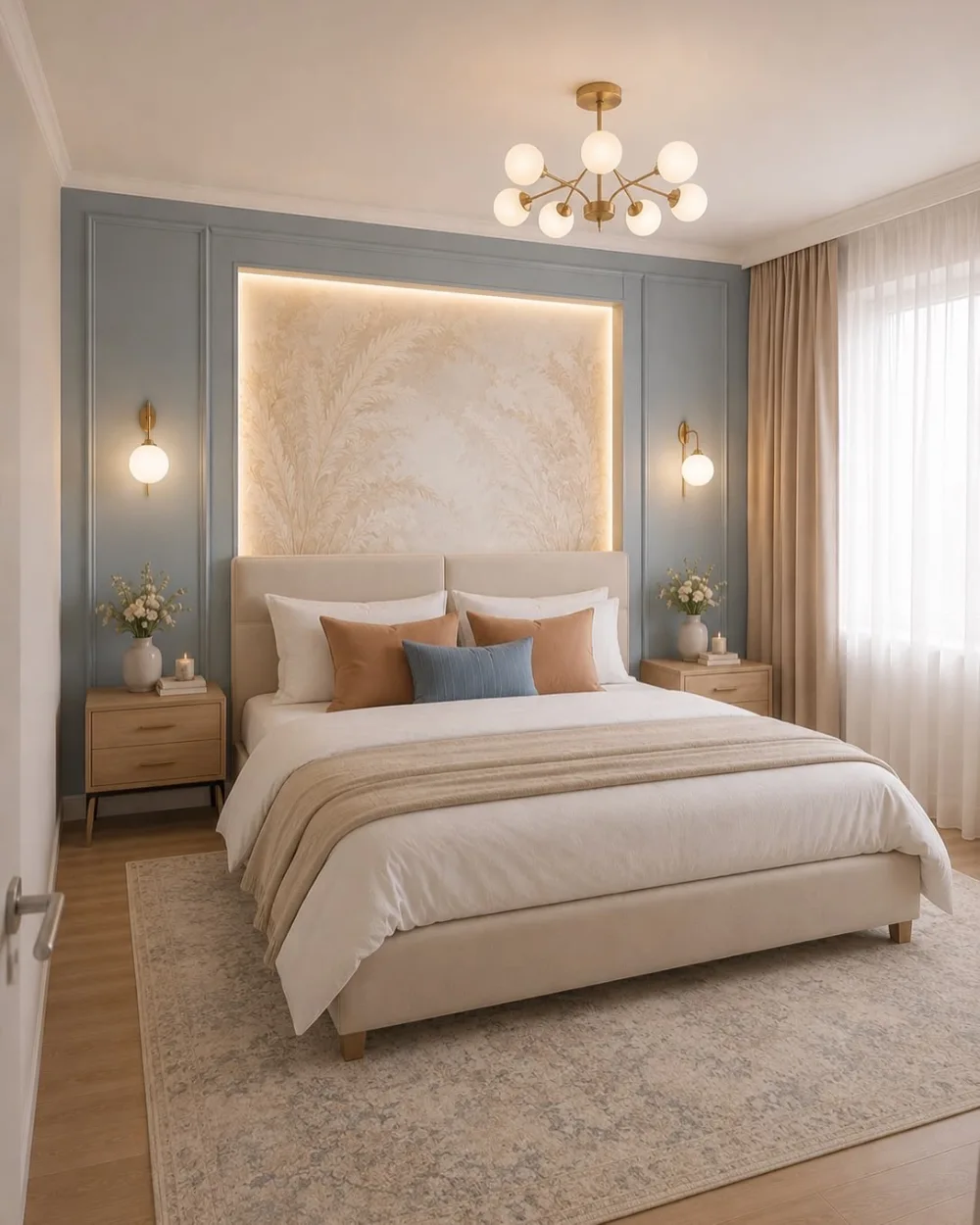 Blue gray bedroom accent wall with decorative molding, a softly backlit botanical panel, brass wall sconces, and warm wooden nightstands