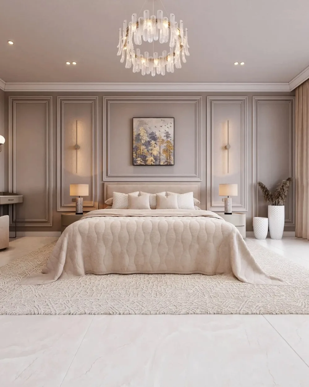 Luxury neutral bedroom with floor-to-ceiling taupe wall molding, a cream upholstered bed, crystal chandelier, and symmetrical bedside lighting