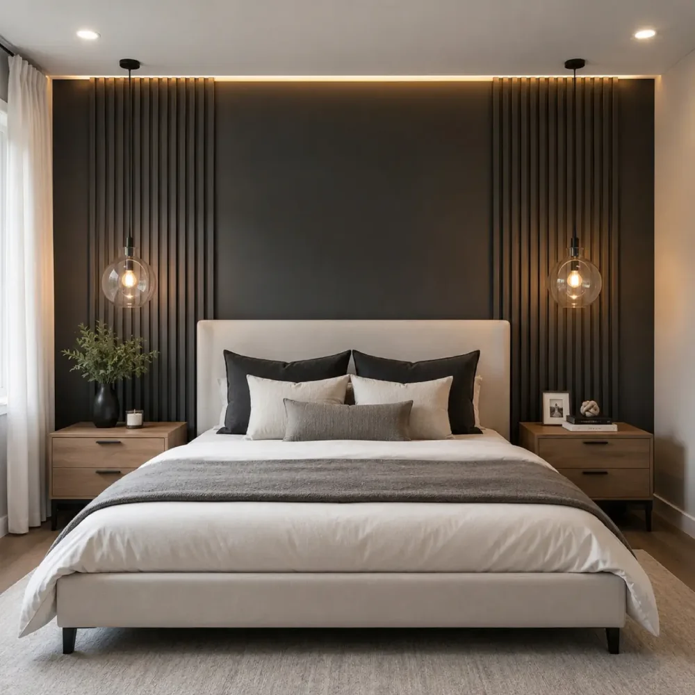 Modern bedroom with a dark charcoal paneled accent wall, vertical wood slats, warm pendant lights, and beige upholstered bed