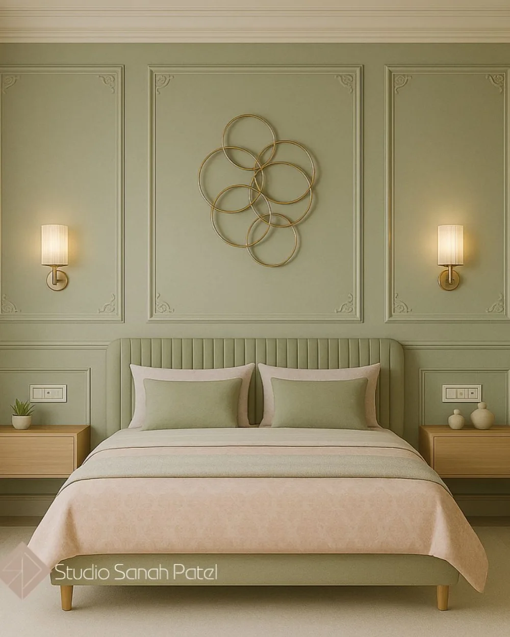 Sage green bedroom accent wall with ornate decorative molding, gold circular wall art, matching upholstered headboard, and warm bedside sconces