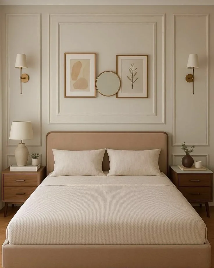 Neutral bedroom with cream decorative wall molding, minimalist framed botanical artwork, a beige upholstered bed, and warm wooden nightstands