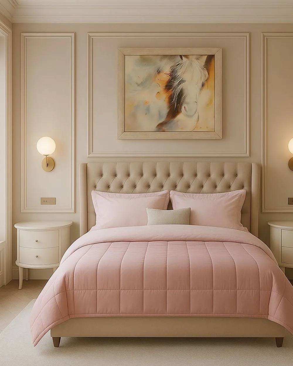 Elegant bedroom with beige decorative wall molding, a tufted headboard, blush pink bedding, framed abstract artwork, and brass wall sconces