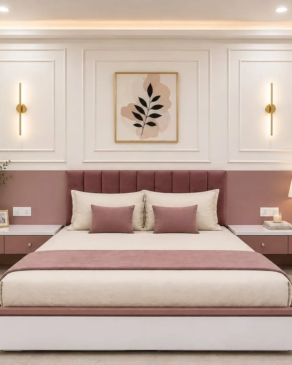 Modern bedroom with two-tone pink and white accent wall, decorative white molding, mauve upholstered headboard, and matching bedside cabinets