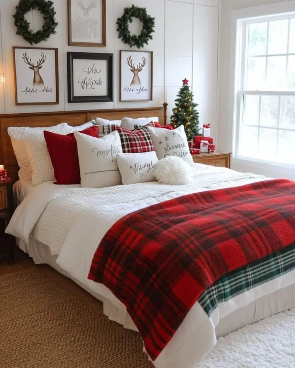 Cozy winter bedroom with white bedding, red plaid blanket, festive pillows, and Christmas wreaths