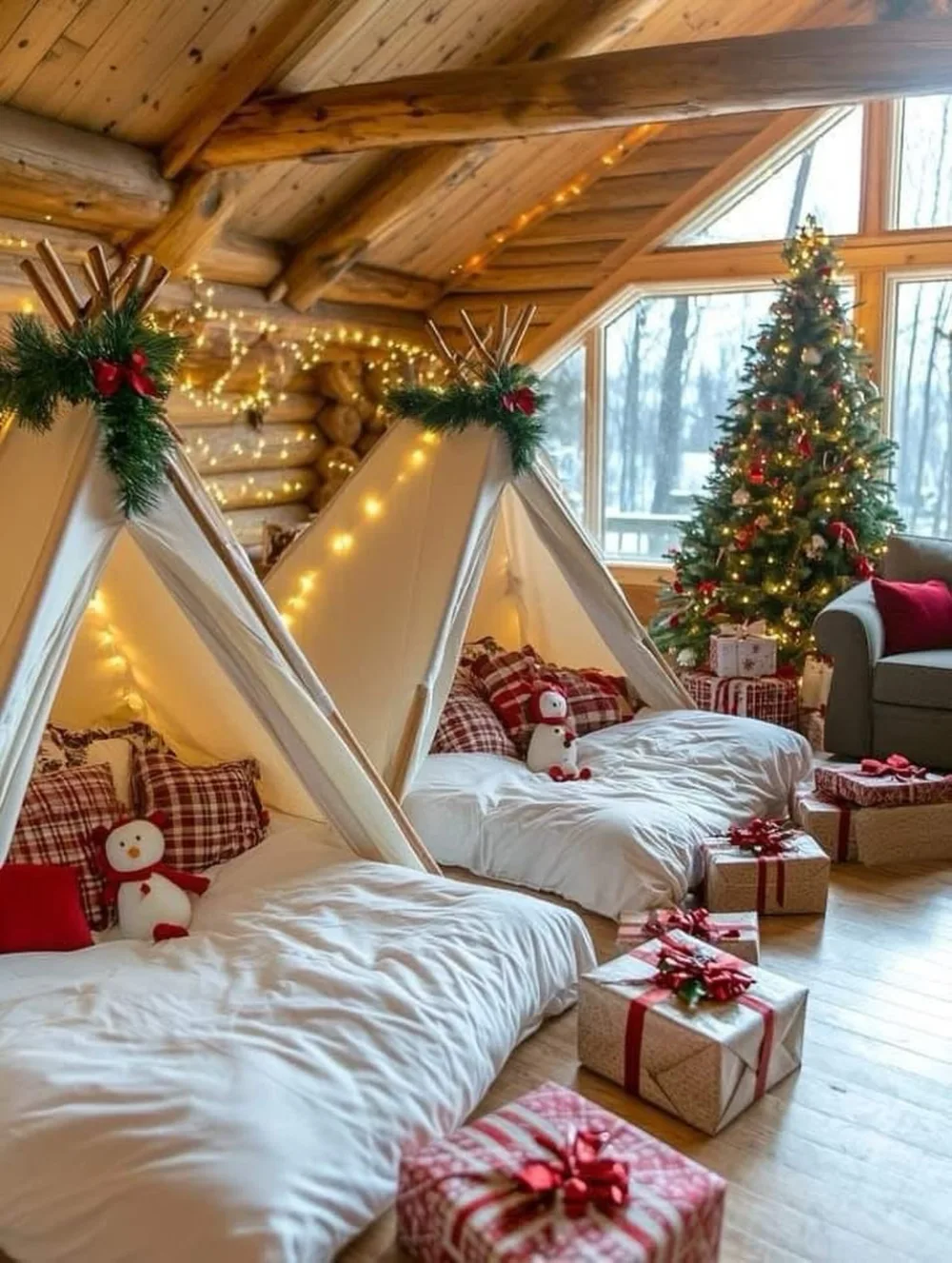 Cozy cabin bedroom with teepee beds, plaid pillows, Christmas tree, and wrapped presents