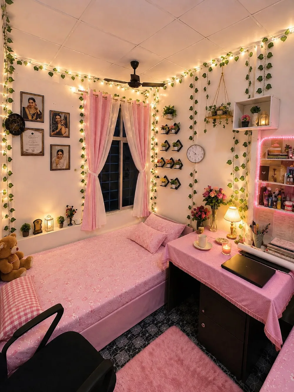 Small pink bedroom with wall shelves, hanging plants, string lights, and a compact desk