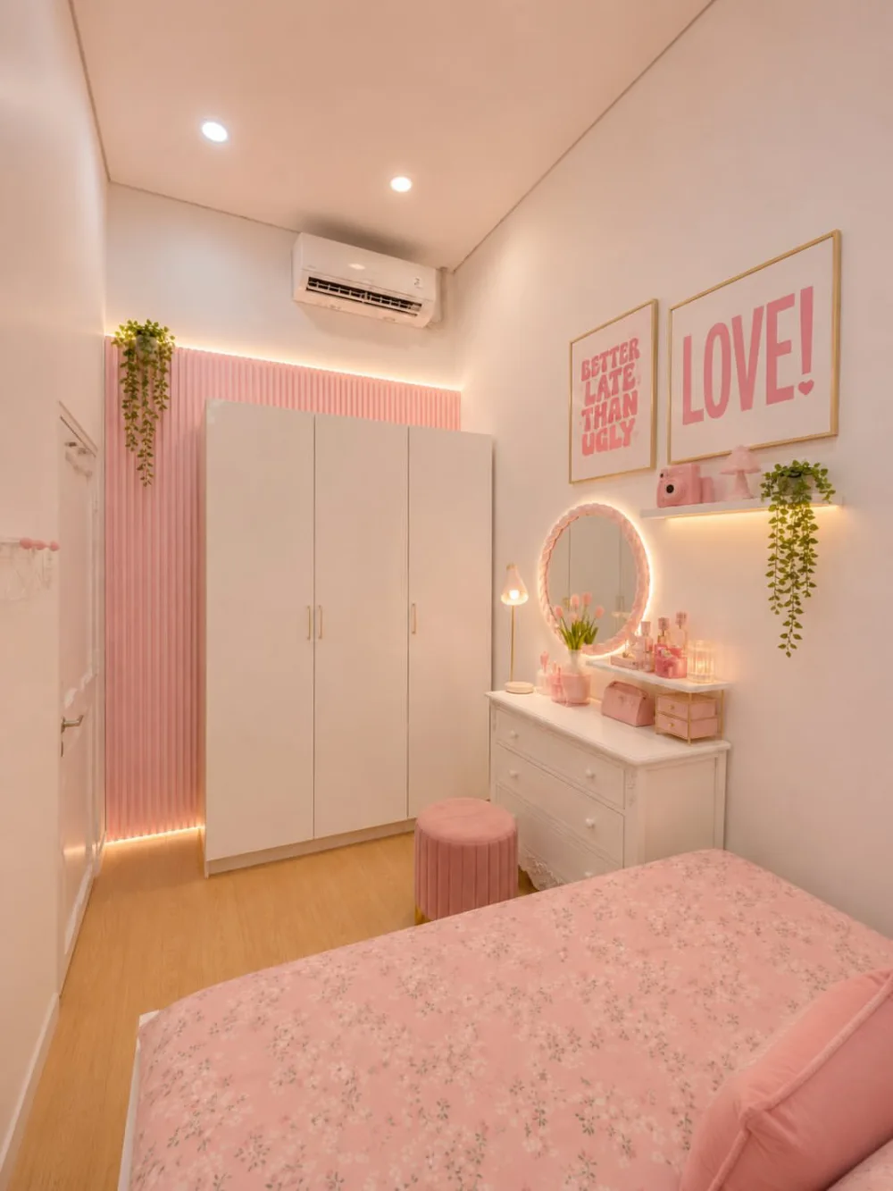 Small pink bedroom with a large wardrobe, compact dresser, vanity mirror, and bed