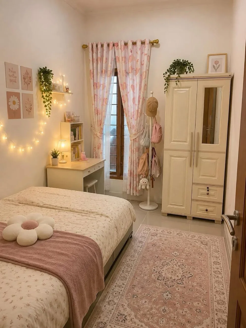 Small bedroom with a desk beside a window, compact wardrobe, and cozy floral bedding