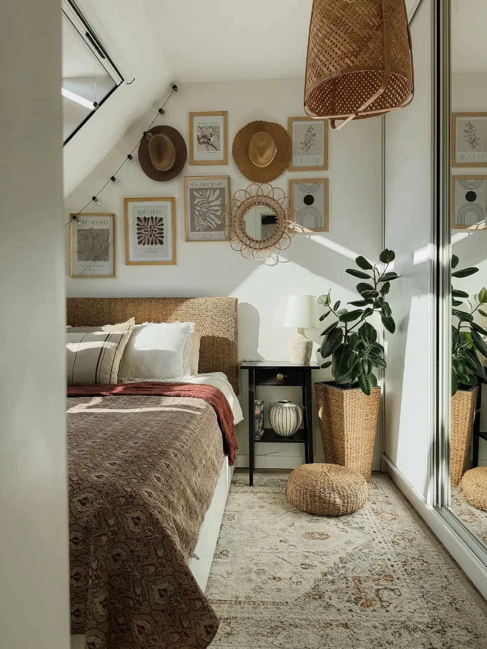 Small attic bedroom with a sloped ceiling, woven headboard, and mirrored wardrobe