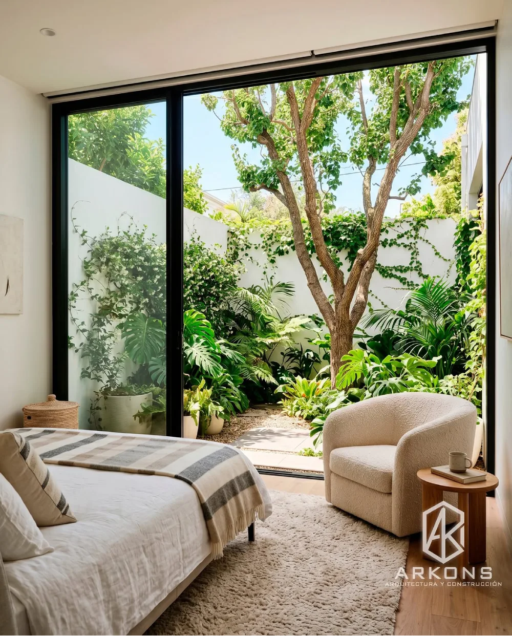 bedroom with glass doors opening to a lush private garden