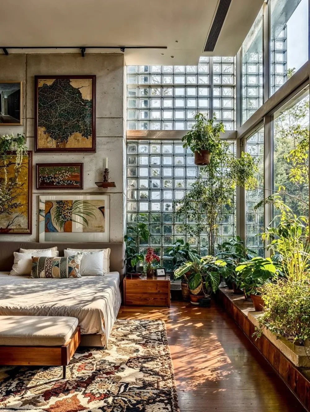 bedroom with glass block walls and abundant indoor plants