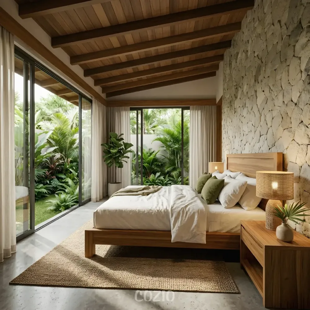 warm bedroom with wood ceiling, stone wall, and full-height glass doors