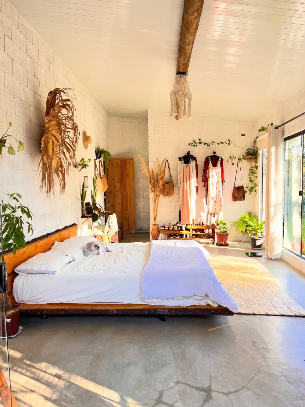 open bedroom with a low platform bed, exposed clothing storage, and large windows