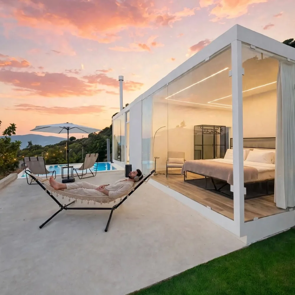 modern glass bedroom opening onto a poolside terrace at sunset