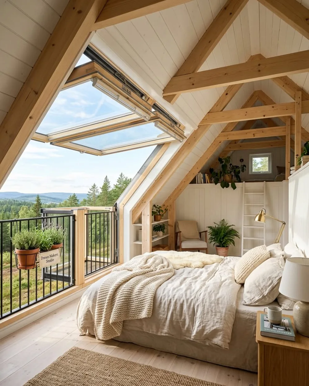 attic bedroom with exposed timber framing, skylights, and a small seating area