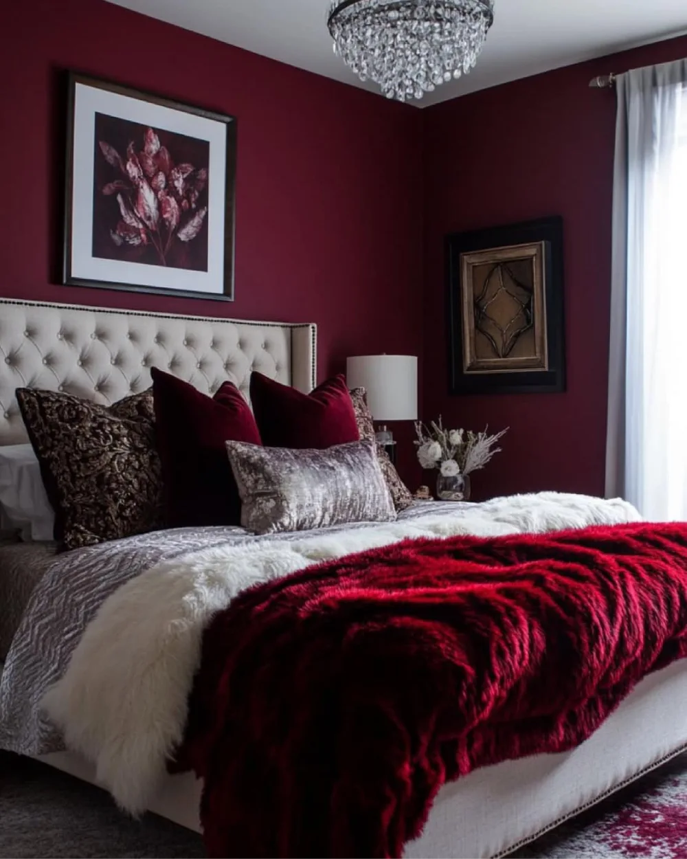 Burgundy bedroom with deep red walls, a cream tufted headboard, velvet pillows, and a plush burgundy throw blanket
