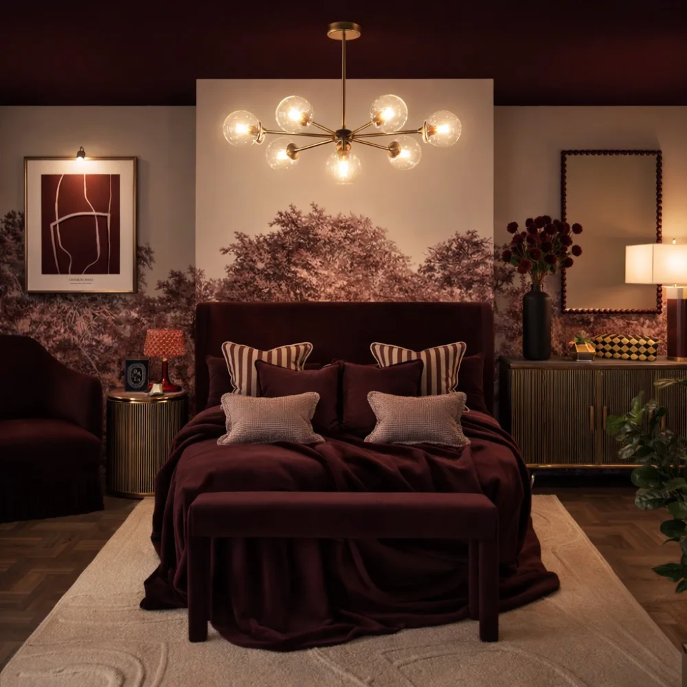Moody burgundy bedroom with dark wine-red bedding, scenic patterned wallpaper, striped accent pillows, and warm brass lighting