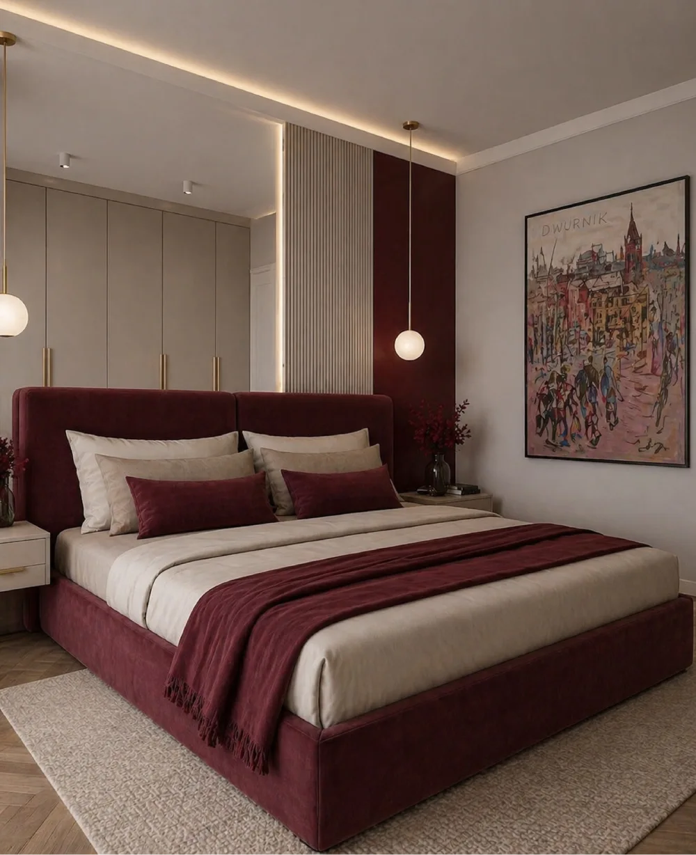 Modern burgundy bedroom with a wine-red upholstered bed, beige bedding, neutral walls, and minimalist pendant lighting